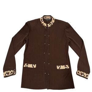 Ming Wang Brown Open Front Leopard Trim Knitwear Cardigan Jacket